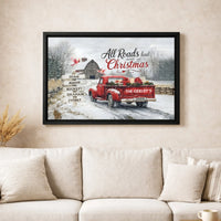 Red Truck Snowy Farmhouse Canvas Print, Personalized Christmas Canvas Art, Custom Family Name Wall Canvas, Holiday Winter Canvas Decor