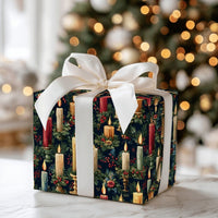 Holly Berry and Pine Wrapping Paper, Vintage Christmas Candle Wrapping Paper, Traditional Holiday Wrapping Paper, Winter Gift Wrap Roll