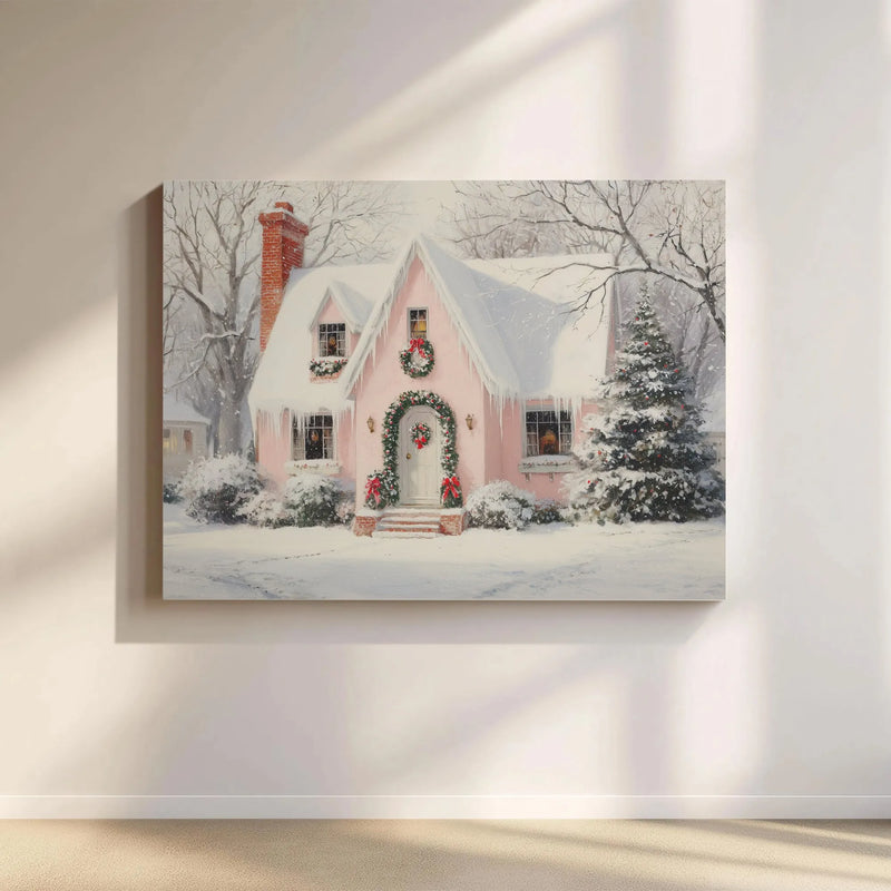 Snowy Winter Scene Art Print, Pink Christmas Cottage Canvas Wall Art, Comfy Holiday Cottage Wall Decor, Xmas Home Present Digital Download