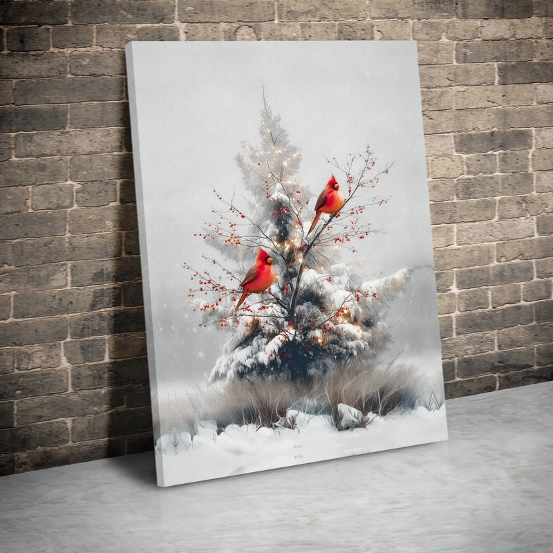 Snowy Winter Pine Tree Canvas, Red Cardinal Canvas Wall Art, Cardinal with Red Berries Canvas Print, Christmas Holiday Seasonal Wall Decor