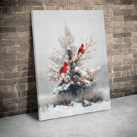 Snowy Christmas Tree Berries Canvas Print, Red Cardinal Winter Wall Art, Holiday Seasonal Decor, Nature Digital Download Canvas