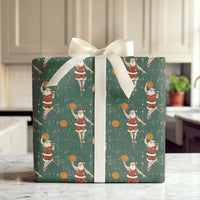 Dark Green Sports Christmas Gift Wrap, Retro Basketball Santa Wrapping Paper, Dribbling Santa Holiday Wrapping Paper, Xmas Wrapping Paper
