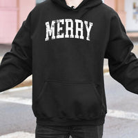 Retro Varsity Text Distressed Hooded Sweatshirt, Merry Christmas Hoodie, Comfy Winter Holiday Pullover, Festive Christmas Present for Women