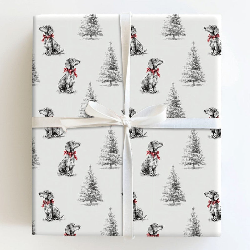 Dog with Red Bow Gift Wrap, Dachshund Christmas Wrapping Paper, Sketch Dachshund Holiday Wrapping Paper, Dog Lover Present Gift Wrap