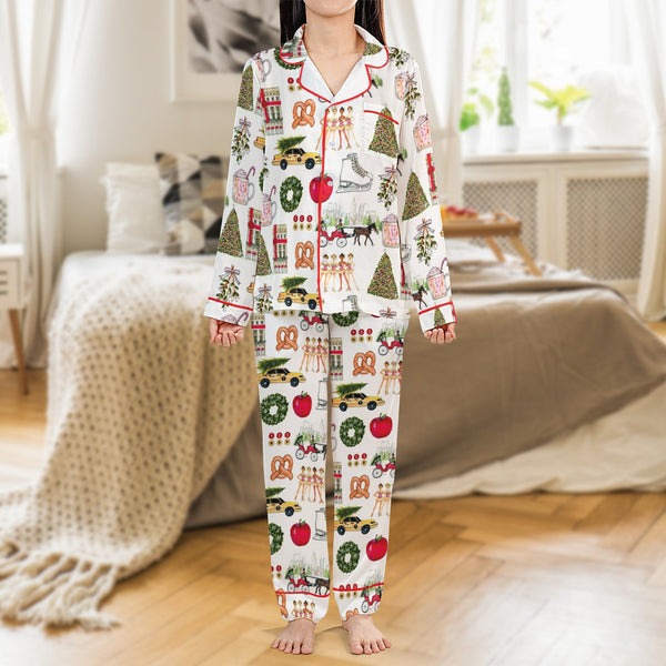 New York City Holiday Pajama Set, NYC Christmas Satin Pajamas, Festive Travel Theme Satin Sleepwear, Winter Nightwear Pajamas