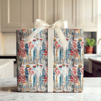 NYC Yellow Taxi Holiday Wrapping Paper, New York Christmas Wrapping Paper, Watercolor Skyline Wrapping Paper, Urban City Travel Gift Wrap