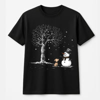Adorable Winter Dog Graphic Tee, Snowman and Puppy T-Shirt, Festive Holiday Season Shirt, Vintage Christmas Puppy Lover Present for Women