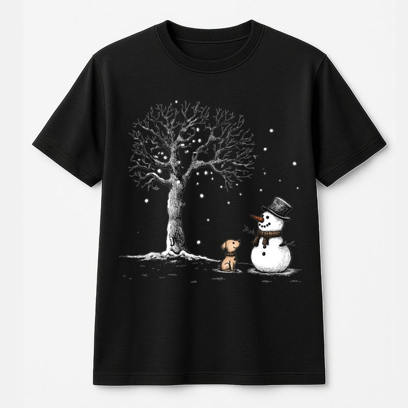 Adorable Winter Dog Graphic Tee, Snowman and Puppy T-Shirt, Festive Holiday Season Shirt, Vintage Christmas Puppy Lover Present for Women