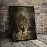 Snowy Christmas Night Canvas Art, Gothic Victorian Mansion Canvas Print, Winter Landscape Canvas Decor, Dark Cottagecore Housewarming Present