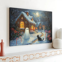 Holiday Cottage Canvas Print, Christmas Ghost Canvas Art, Black Cat Spooky Xmas Canvas Wall Art