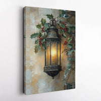 Winter Holly Berry Canvas Print, Christmas Lantern Canvas Wall Art, Glowing Holiday Scene Poster, Xmas Decor Digital Download
