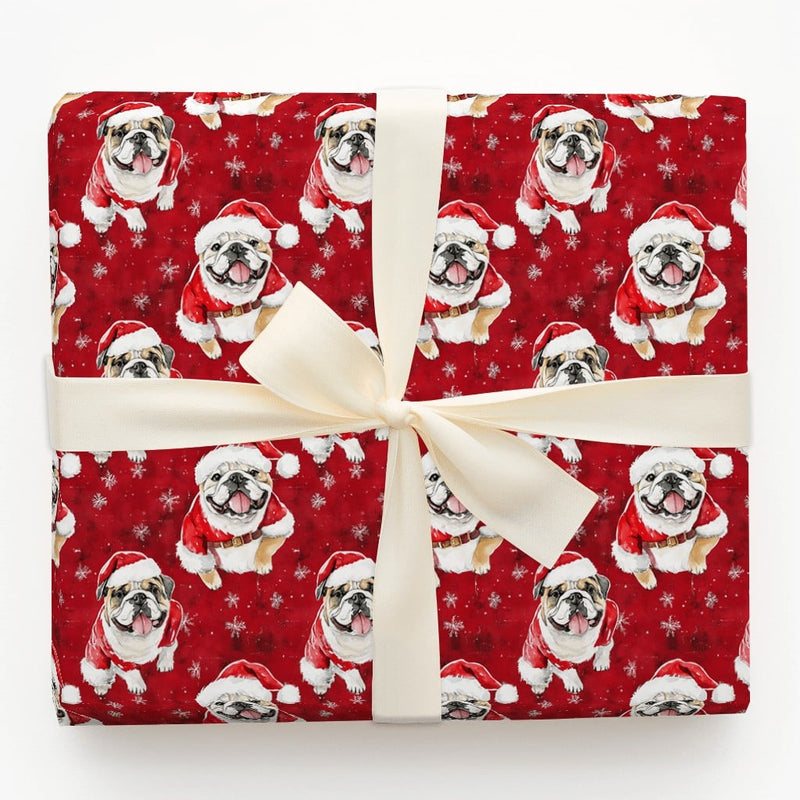 Santa Dog Watercolor Gift Wrap, English Bulldog Christmas Wrapping Paper, Snowflake Holiday Wrapping Paper, Dog Lover Xmas Wrapping Paper