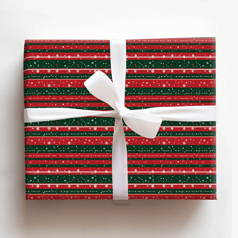 Christmas Stripe Gift Wrap, Red Green Striped Snowflake Wrapping Paper, Traditional Holiday Wrapping Paper, Winter Present Gift Wrap Roll