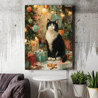 Holiday Tree Oil Painting Canvas Art, Tuxedo Cat Christmas Canvas Print, Festive Winter Cat Canvas Wall Art, Comfy Xmas Pet Lover Decor