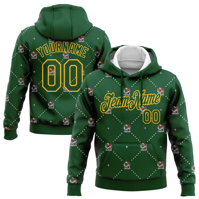 Personalized Name Number Holiday Pullover, Custom Christmas Dog Santa Hoodie, 3D Green Gold Xmas Sweatshirt, Dog Lover Present Hoodie