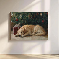 Sleeping Dog Holiday Oil Painting Print, Golden Retriever Christmas Canvas Wall Art, Comfy Dog Digital Download, Xmas Home Decor