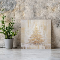 Neutral Farmhouse Pine Painting Print, Rustic Golden Snowy Christmas Tree Canvas Wall Art, Winter Holiday Decor, Digital Download Art