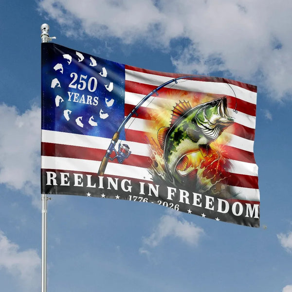 Bass Fishing American Flag | 250 Years Reeling in Freedom Design | Weather-Resistant Double Sided | Patriotic Yard Decor Gift for Fisherman