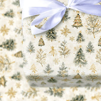 Green and Gold Pine Gift Wrap, Watercolor Christmas Tree Wrapping Paper, Elegant Holiday Present Wrap, Rustic Winter Forest Present Paper