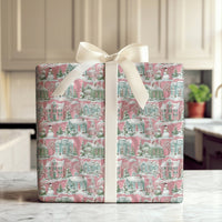 Pastel House Holiday Gift Wrap, Pink Winter Village Wrapping Paper, Whimsical Snowman Christmas Wrapping Paper, Comfy Winter Gift Wrap