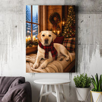 Plaid Scarf Dog Canvas Print, Yellow Labrador Christmas Canvas Art, Comfy Cabin Winter Wall Decor, Lab Dog Lover Holiday Present