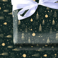 Dark Green Holiday Gift Wrap, Gold Christmas Tree Wrapping Paper, Elegant Xmas Tree Wrapping Paper, Winter Star Paper, Festive Gift Wrap
