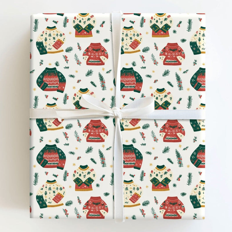 Holiday Pine and Berries Gift Wrap, Ugly Christmas Sweater Wrapping Paper, Festive Winter Sweaters Paper Roll, Adorable Xmas Wrapping Paper