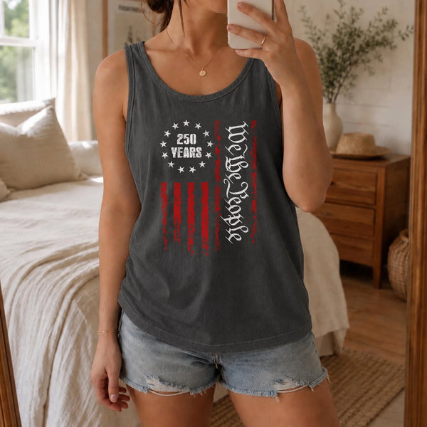 We The People Patriotic Tank Top | USA 250 Years Distressed Flag Graphic | Soft Breathable Unisex Sleeveless Shirt | 1776 America Semiquincentennial Gift