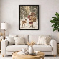 Snowy Forest Holiday Canvas Print, Santa Claus Reindeer Canvas Wall Art, Winter Christmas Canvas Decor, Festive Holiday Wall Art Present