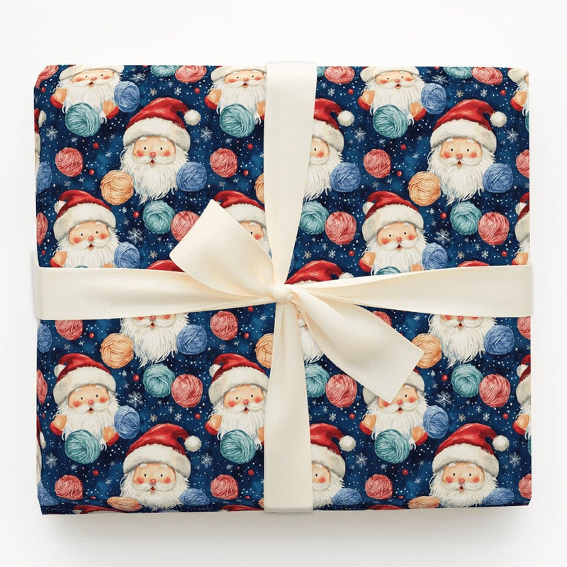 Starry Yarn Santa Claus Wrapping Paper, Knitting Santa Wrapping Paper, Navy Blue Christmas Wrapping Paper, Crafter Holiday Gift Wrap Roll