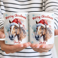 Watercolor Santa Hat Horse Mug, Merry Christmas Horse Mug, Holiday Equestrian Coffee Cup, Ceramic Tea Mug Present for Horse Lovers