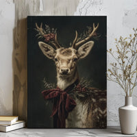 Vintage Winter Stag Red Velvet Bow Poster, Christmas Deer Canvas Wall Art, Holiday Animal Digital Download Print, Rustic Xmas Home Decor