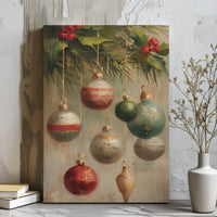 Holly Berries Painting Print, Vintage Christmas Ornaments Canvas Wall Art, Antique Baubles Canvas Decor, Traditional Holiday Home Present