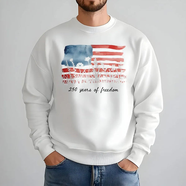 America 250 Sweatshirt | 250 Years of Freedom Floral Flag Watercolor Art | Soft Cotton Polyester Blend | Patriotic 4th of July Gift