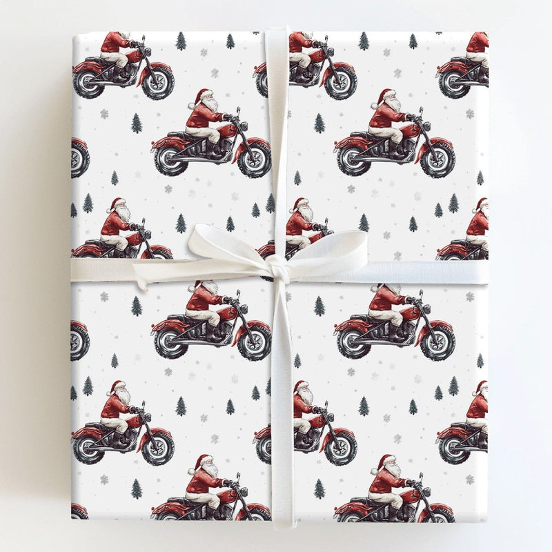 Red Motorcycle Christmas Gift Wrap, Biker Santa Wrapping Paper, Pine Tree Winter Santa Wrapping Paper, Holiday Biker Gift Wrap Roll