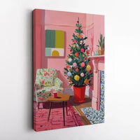 Mid-Century Christmas Canvas Print, Pink Christmas Living Room Wall Art, Retro Xmas Poster, Pink Christmas Decor, Digital Download Print