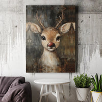 Vintage Baby Deer Canvas Print, Red Nosed Reindeer Canvas Art, Christmas Reindeer Wall Art, Holiday Deer Wall Decor, Kids Room Art Present
