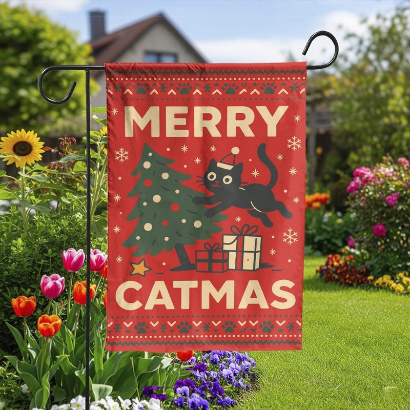 Humorous Black Cat Christmas Garden Flag, Merry Catmas Garden Flag, Holiday Kitten Garden Flag, Winter Xmas Yard Banner, Cat Lover Present