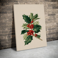 Vintage Christmas Holly Wall Art, Holly Berry Botanical Canvas, Winter Berry Foliage Canvas Print, Holiday Botanical Decor