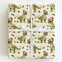 Christmas Dino Gift Wrap, Santa Hat T-Rex Dinosaur Wrapping Paper, Adorable Holiday Dinosaur Wrapping Paper, Kids Festive Gift Wrapping Paper