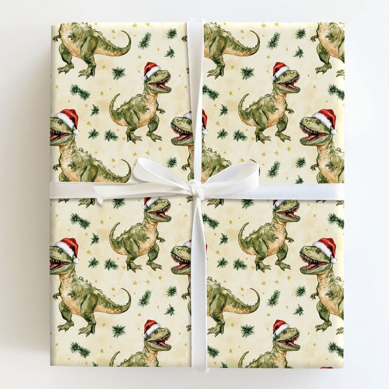 Christmas Dino Gift Wrap, Santa Hat T-Rex Dinosaur Wrapping Paper, Adorable Holiday Dinosaur Wrapping Paper, Kids Festive Gift Wrapping Paper