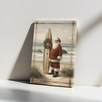 Vintage Surfing Santa Print, Coastal Santa Claus Canvas Wall Art, Tropical Christmas Canvas, Beach Holiday Decor, Surfer Santa Canvas Present