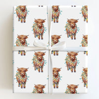 Christmas Lights Gift Wrap, Highland Cow Wrapping Paper, Rustic Cow Holiday Wrapping Paper, Festive Farm Animal Wrapping Paper, Xmas Wrap