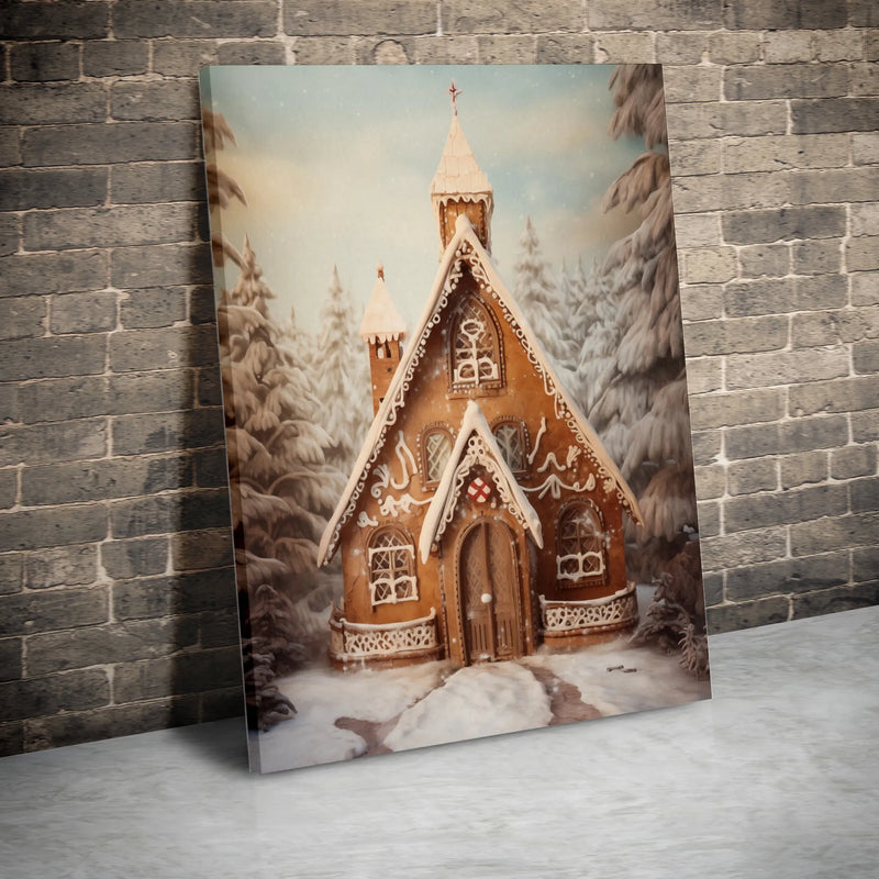 Winter Forest Holiday Painting, Gingerbread Church Christmas Canvas Wall Art, Festive Christmas Village Decor Digital Download