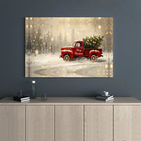 Snowy Winter Forest Tree Canvas Printable, Christmas Red Truck Digital Download, Rustic Farmhouse Xmas Wall Decor, Holiday Art Poster