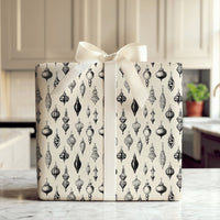 Black Ink Ornament Gift Wrap, Monochrome Vintage Christmas Wrapping Paper, Retro Baubles Wrapping Paper Roll, Holiday Gift Wrap