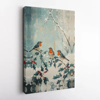 Snowy Holly Branch Christmas Painting, Winter Robin Canvas Wall Art, Festive Holiday Bird Canvas Print, Seasonal Xmas Decor Poster