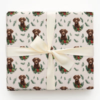 Dog Wreath Holiday Gift Wrap, Chocolate Labrador Christmas Wrapping Paper, Pet Lover Wrapping Paper, Festive Winter Puppy Gift Wrap Roll