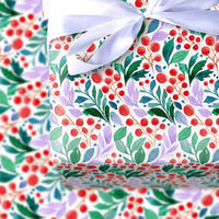 Red Berries Green Leaves Gift Wrap, Watercolor Botanical Wrapping Paper, Elegant Christmas Floral Wrapping Paper