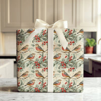 Winter Bird Botanical Gift Wrap, Vintage Robin Christmas Wrapping Paper, Pine Holly Berry Wrapping Paper, Rustic Holiday Present Wrap